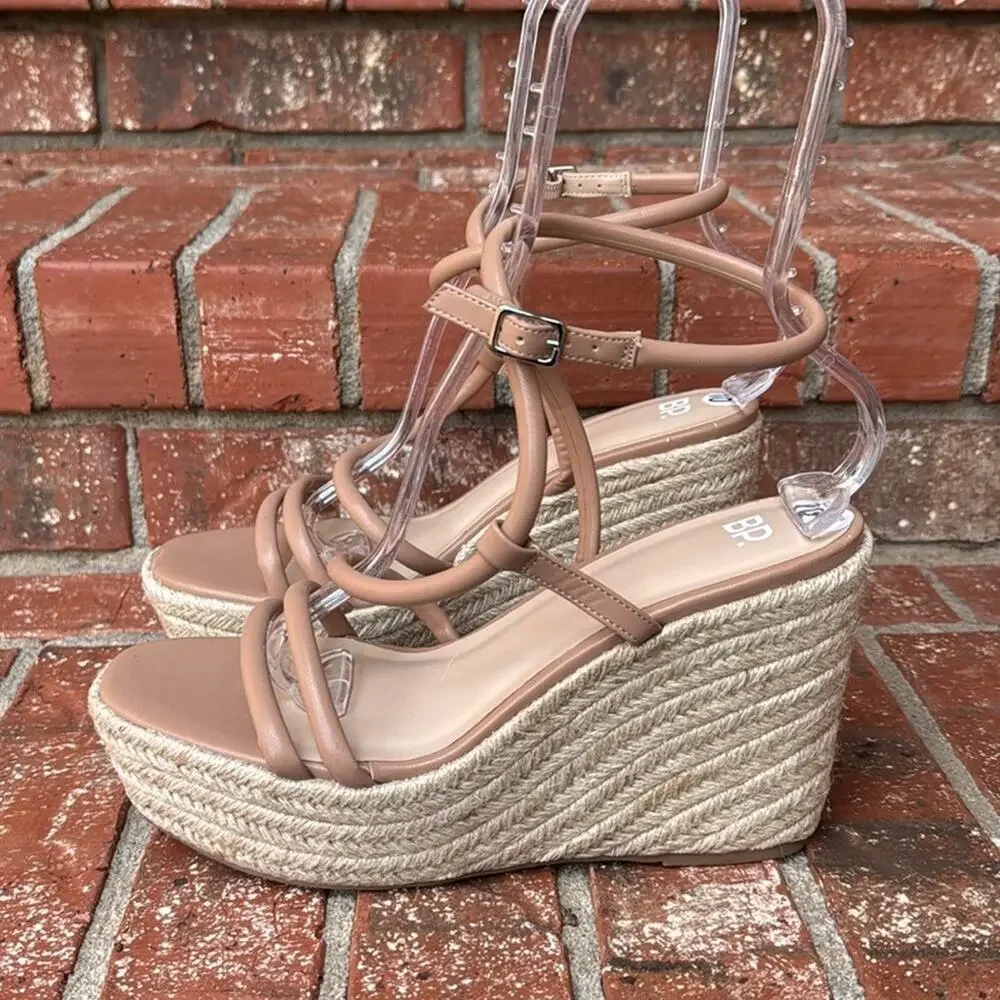 BP Cohan Espadrille Platform Wedge Sandals Tan Mocha Strappy Size 10